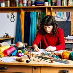 A solo female crafter, fully clothed in comfortable and appropriate attire, is seated at a large, wooden workbench overwhelmed by a chaotic yet vibrant assortment of DIY materials. Tangled spools of colorful yarn, stacks of various fabric scraps, scattered beads, and an array of crafting tools are visibly disorganized. Her expression subtly conveys a moment of frustration as she searches amidst the creative clutter, perhaps sifting through a pile of items. The background is a home craft studio, brightly lit, emphasizing the disarray. safe for work, appropriate content, fully clothed, modest, perfect anatomy, correct proportions, natural pose, well-formed hands, proper finger count, natural body proportions, professional photography, high quality, studio lighting.