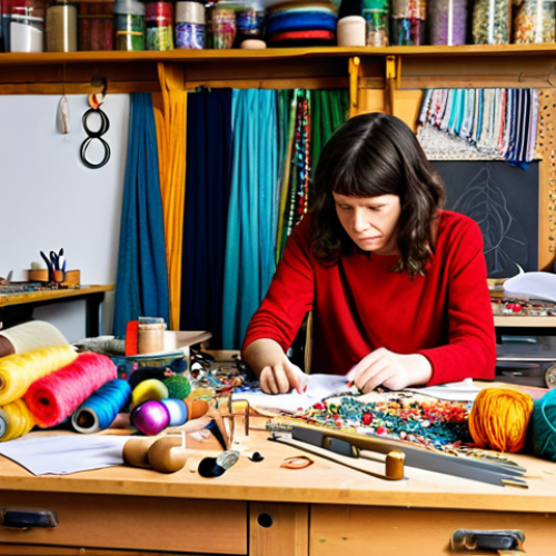 Home 4 A solo female crafter, fully clothed in comfortable and appropriate attire, is seated at a large, wooden workbench overwhelmed by a chaotic yet vibrant assortment of DIY materials. Tangled spools of colorful yarn, stacks of various fabric scraps, scattered beads, and an array of crafting tools are visibly disorganized. Her expression subtly conveys a moment of frustration as she searches amidst the creative clutter, perhaps sifting through a pile of items. The background is a home craft studio, brightly lit, emphasizing the disarray. safe for work, appropriate content, fully clothed, modest, perfect anatomy, correct proportions, natural pose, well-formed hands, proper finger count, natural body proportions, professional photography, high quality, studio lighting.