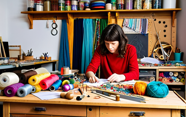 A solo female crafter, fully clothed in comfortable and appropriate attire, is seated at a large, wooden workbench overwhelmed by a chaotic yet vibrant assortment of DIY materials. Tangled spools of colorful yarn, stacks of various fabric scraps, scattered beads, and an array of crafting tools are visibly disorganized. Her expression subtly conveys a moment of frustration as she searches amidst the creative clutter, perhaps sifting through a pile of items. The background is a home craft studio, brightly lit, emphasizing the disarray. safe for work, appropriate content, fully clothed, modest, perfect anatomy, correct proportions, natural pose, well-formed hands, proper finger count, natural body proportions, professional photography, high quality, studio lighting.