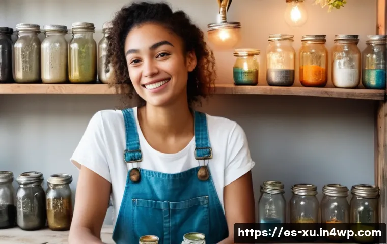 DIY 공유 및 리사이클링 아이디어 - **Prompt:** "A young woman, wearing comfortable, paint-splattered overalls over a simple t-shirt and...