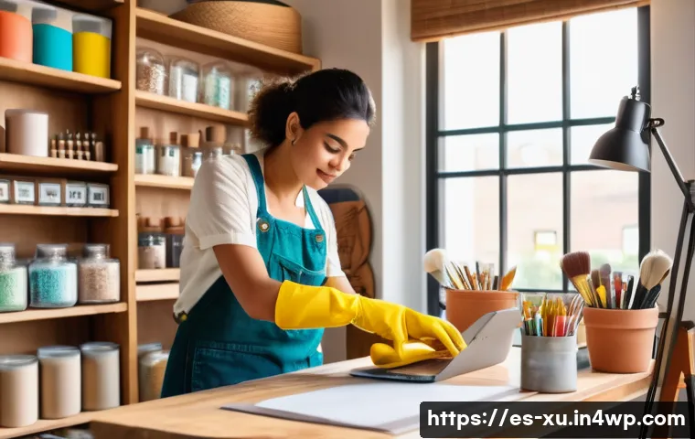 DIY 프로젝트에 대한 정보 검색 팁 - A cozy, sunlit craft room with a wooden workbench covered in colorful DIY materials like recycled gl...