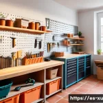 Home 18 DIY 작업실 만들기 가이드 - A cozy, well-organized home workshop corner in a typical Spanish household, featuring a sturdy woode...