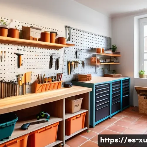 Home 30 DIY 작업실 만들기 가이드 - A cozy, well-organized home workshop corner in a typical Spanish household, featuring a sturdy woode...