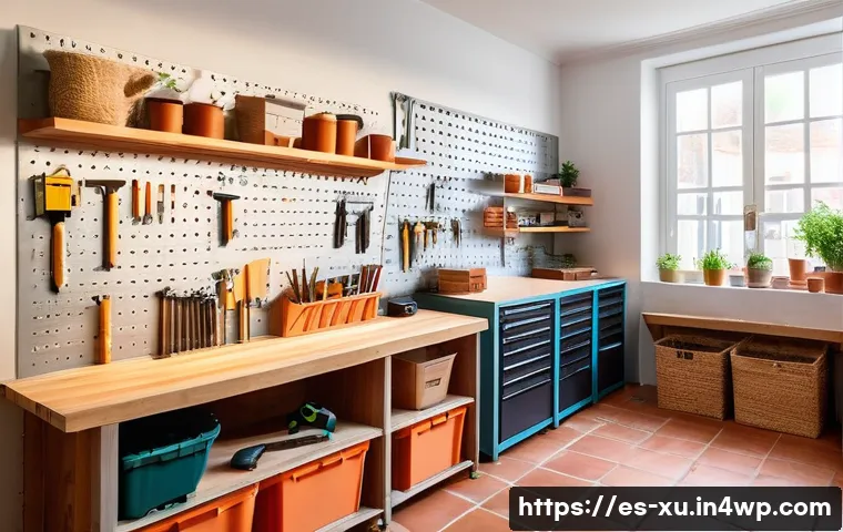 DIY 작업실 만들기 가이드 - A cozy, well-organized home workshop corner in a typical Spanish household, featuring a sturdy woode...