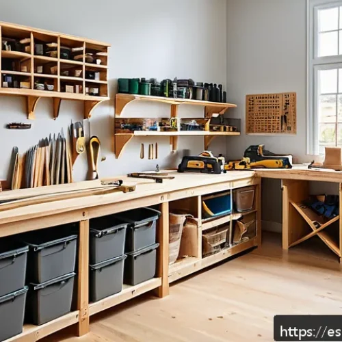 Home 17 DIY 프로젝트의 목표 달성을 위한 체크리스트 - A well-organized DIY woodworking workshop in a bright, spacious room with large windows letting in n...