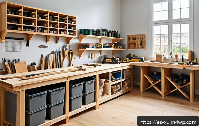 DIY 프로젝트의 목표 달성을 위한 체크리스트 - A well-organized DIY woodworking workshop in a bright, spacious room with large windows letting in n...